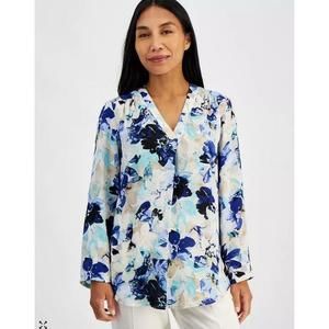 AK Anne Klein Petite Floral Pleat-Front Roll-Tab Tunic Top Shirt PM
